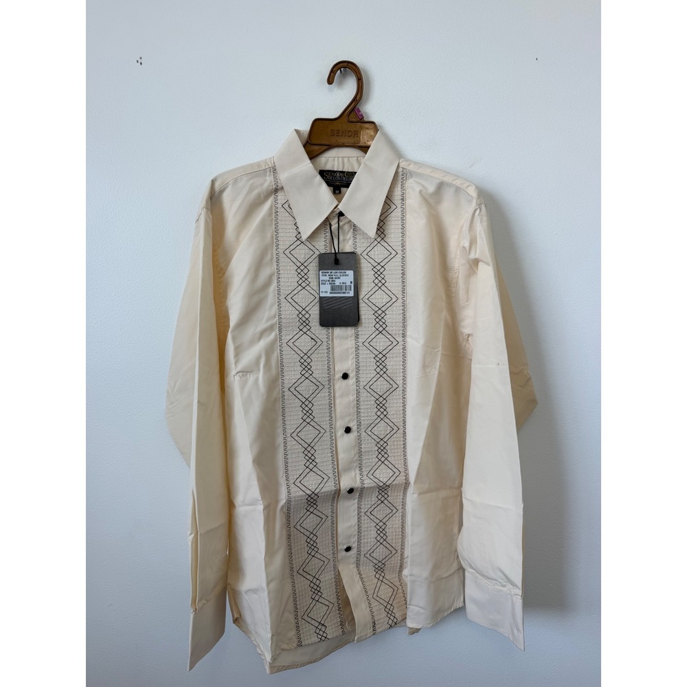 Senor De Los Cielos Men's Embroidered Button Down Shirt – Beige & Brown Medium